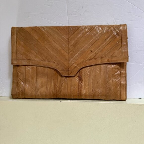 Vintage 1980s 80s Eelskin Clutch Bag Minimalist Leather Zipper Snap Tote Neutral - Picture 14 of 16